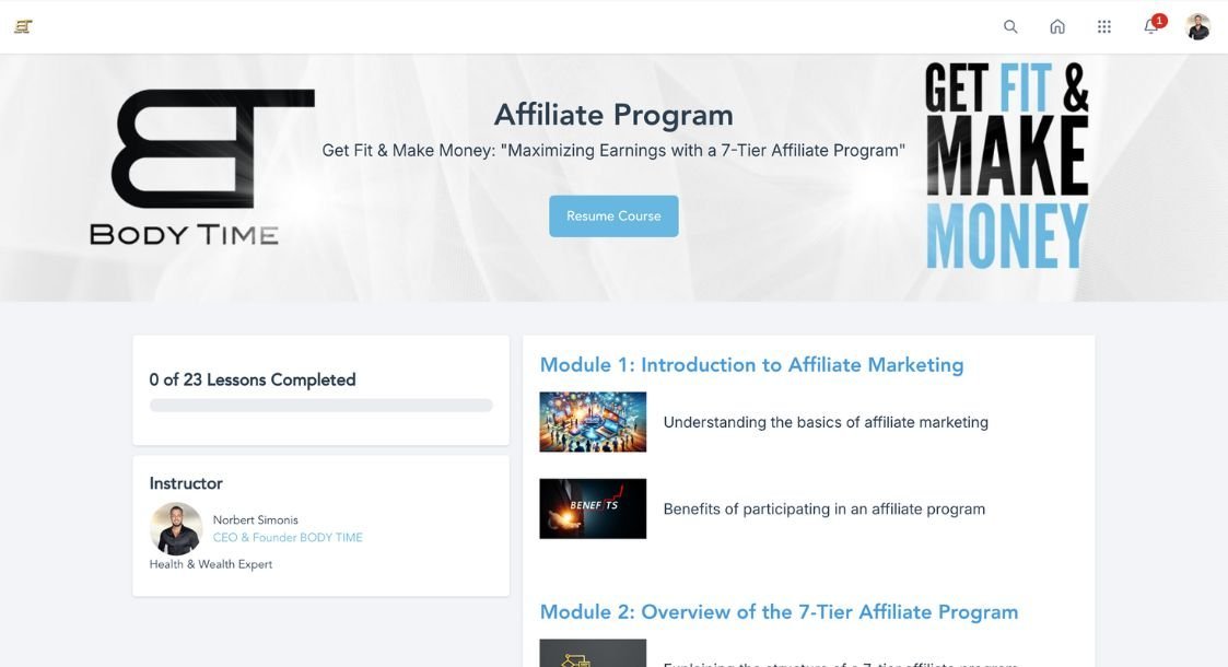 X Business Money Online Course Home Screen X Business Money Online Course Home Screen